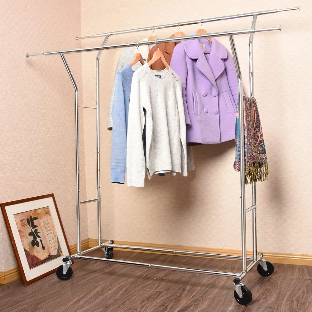 Hokeeper 250 lbs Heavy Duty Clothing Garment Rack Commercial Rolling  Clothes Rack on Wheels Adjustable Collapsible, Chrome Finish