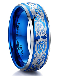 King Will Mens 8mm Blue Tungsten Carbide Ring Silver Laser Celtic Knot Dragon Wedding Band Polished Domed Comfort Fit