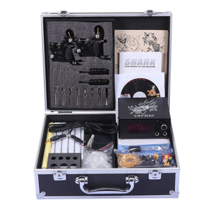 Shark Complete Tattoo Kit 2 Machines Gun Carry Case With Key Power Supply Needles Grips Tips