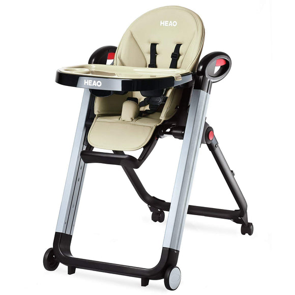 HEAO Wheeled High Chair Multi-Height Recline-able Space Saving Highchair - Beige