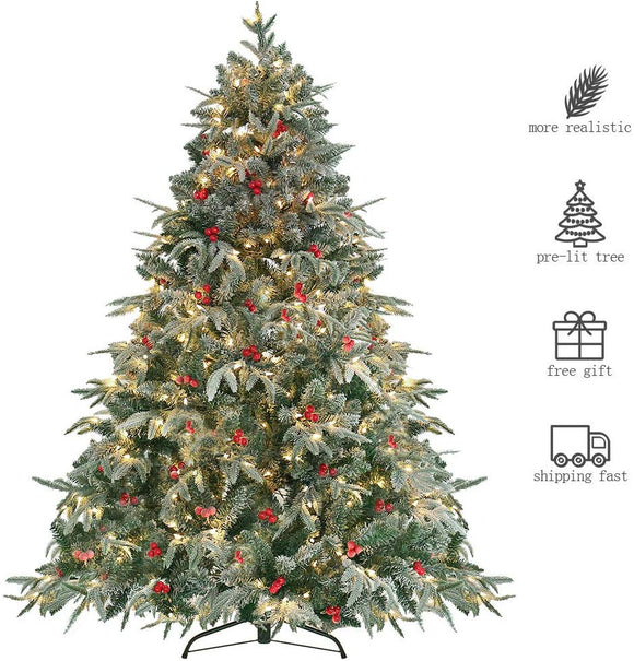 HOMAKER 6ft Handmade Christmas Pine Tree with Snow Flocked and LED Light