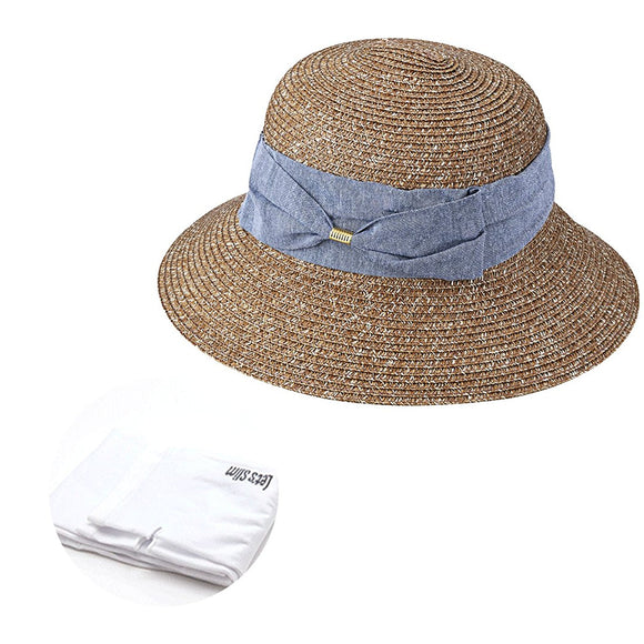 Quality Sun Straw Hat UPF50 Packable Outdoor Beach Travel Summer Sun Hat Wide Brim Flipped Up and Down 56 to 58CM with Sun Protection Sleeves, 1 Pair