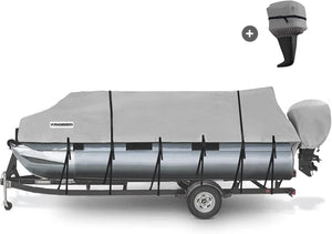 KING BIRD Heavy Duty Pontoon Boat Cover, 600D Anti-Fade Marine Grade Oxford, Waterproof Trailerable UV Resistant with Adjustable 2 Tie-Down Straps