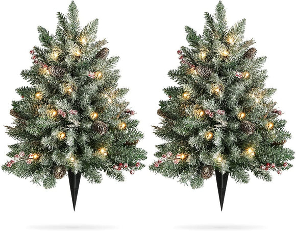 HEAO 2FT Pre-lit Artificial Mini Christmas Tree Tabletop Xmas Trees Holiday Décor for Entrance, Pathway, Yard, w/ 50 LED Lights, Snow, Red Berries, Pine Cone, Battery Operated for Indoor Outdoor 2Pcs
