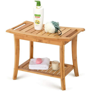 OasisCraft Bamboo Shower Bench Seat with Free Soap Dish, 24" Waterproof Shower Chair with Storage Shelf, Wood Spa Bath Organizer Seat Stool, Perfect for Indoor or Outdoor