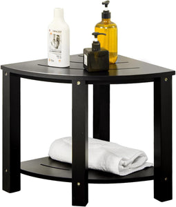 OasisSpace Corner Shower Chair Stool Seat Waterproof Black Bamboo Bathroom Bench Seat with Shelf