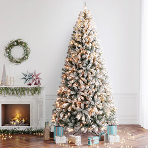 OasisCraft Snow Flocked Christmas Tree 7.5 Ft with 500 Light, Prelight Artificial Pine Xmas Tree