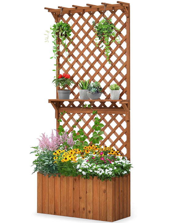 Quictent 30x12x70 in Wood Planter Box w/ Lattice Trellis for Vine Climbing Plants Flower Free-Standing Raised Bed, w/ Shelf for Little Pots or Tools, for Patio Garden Indoor Outdoor 70 in Height