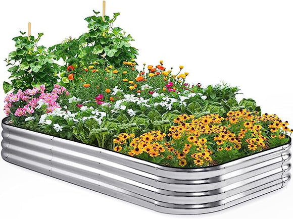 Quictent Galvanized Raised Garden Bed Kit, 8x4x1ft Oval Large Metal Outdoor Planting Box for Outdoor, Rubber Strip Edging