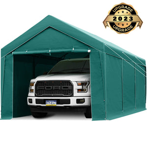 FINFREE Carport 10 x 20 ft Heavy Duty Steel Car Canopy with Removable Sidewalls and Doors and 4 Sandbags,Green