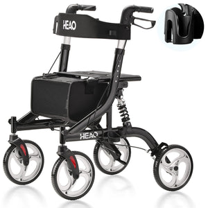 HEAO Black Rollator Walker 10" Wheels with Seat,Shock Absorber,Lightweight Mobility Aid for Seniors