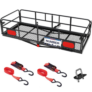 KING BIRD 60" x 24" x 14" Folding Hitch Mount Cargo Carrier, 500 lbs Vehicle Cargo Basket with License Plate Device Fits 2”Receiver with Hitch Stabilizer and Ratchet Straps