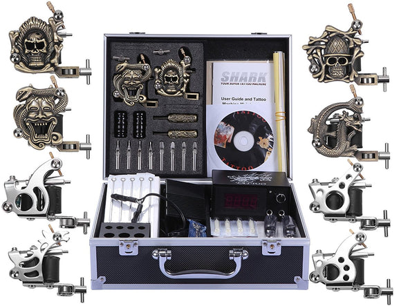 Shark Complete Pro Tattoo Kit 8 Gun Machines Carry Case With Key Power Supply 50 Needles 8 Grips Tips