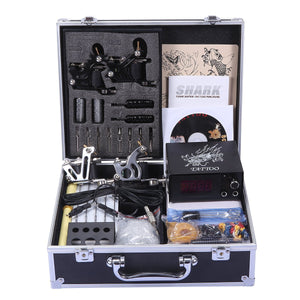 Shark Professional Tattoo Kit 4 Machines Gun Carry Case With Key Power Supply Needles Grips Tips