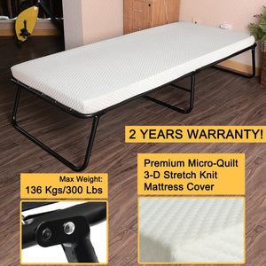 300lbs Max Weight Capacity Quictent Heavy durable Steel Frame folding bed for adult with White Comfortable Soft Micro-Quilt 3D Stretch Knit Mattress Cover and Bonus Storage Bag-75"x31"