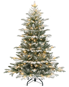 OasisCraft 4.5FT Pre-Lit Flocked Aspen Fir Artificial Christmas Tree, PE & PVC 457 Branch Tips Full Prelighted Xmas Tree with 150 Clear Lights