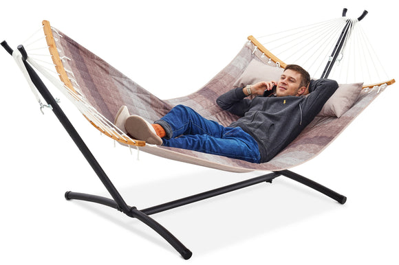 Space-Saving Hammock with Stand, 2 Person 550 Pound Capacity, Outdoor Patio Yard Indoor Hammock Bed, Quilted Fabric