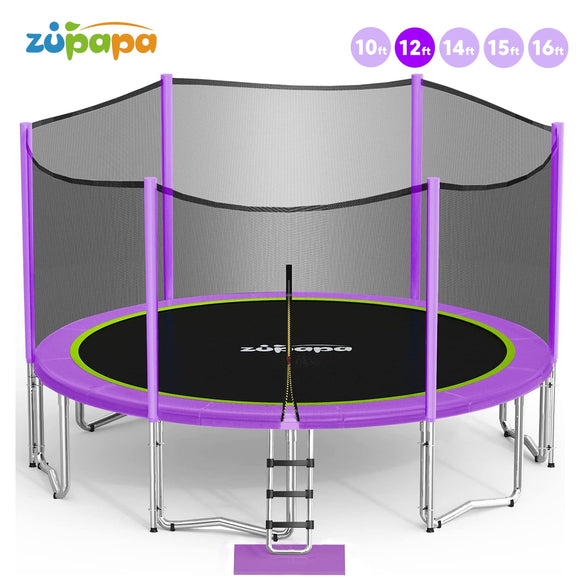 Zupapa 16 15 14 12 10FT Trampoline Purple for Kids Adults with Safety Enclosure Net 425LBS Weight Capacity Outdoor Heavy Duty Backyards Trampolines with Non-Slip Ladder Accessories for Children