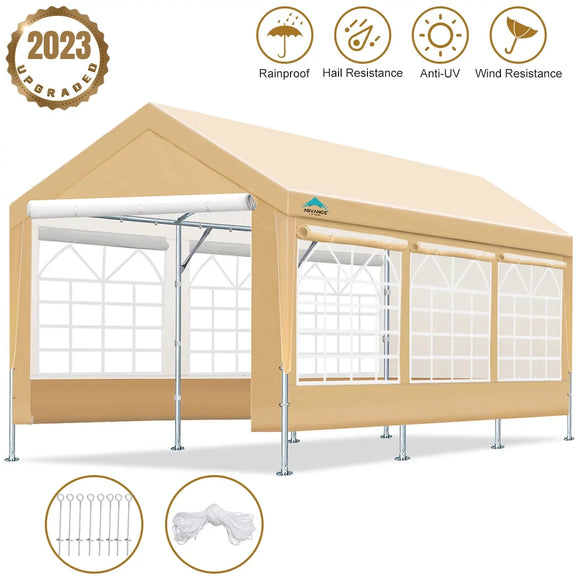 ADVANCE OUTDOOR 10'x20' Heavy Duty Steel Carport Car Canopy Garage Storage Shed Boat Shelter Portable, Adjustable Height from 9.5ft to 11ft with Removable Window Sidewalls and Doors, Beige