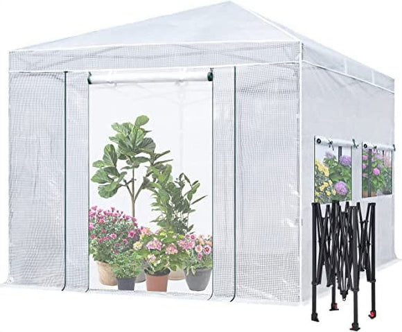 Quictent 12x8 FT Portable Walk-in Greenhouse Instant Green House for Outdoors, Pop-up Greenhouse Frame Indoor Garden Canopy, 2 Screen Doors & 4 Screen Windows, White