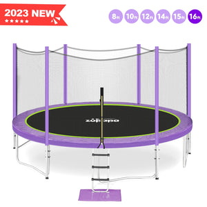 Zupapa 16 15 14 12 10FT Trampoline Purple for Kids Adults with Safety Enclosure Net 425LBS Weight Capacity Outdoor Heavy Duty Backyards Trampolines with Non-Slip Ladder Accessories for Children