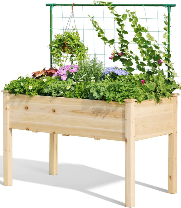 Quictent 48x24x30in Raised Garden Bed with Trellis Net, Elevated Wood Planter Box Stand for Backyard, Patio, Balcony w/Bed Liner, 200lb Capacity