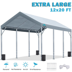 ADVANCE OUTDOOR 12x20 ft Carport Heavy Duty Car Canopy Event Canopy, 8 Legs with 8 Reinforced Poles and 4 Sandbags, Silver Gray