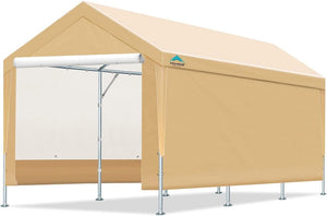 ADVANCE OUTDOOR Adjustable 10x20 Updated Heavy Duty Carport Canopy Car Port Garage Shelter Boat Steel Party Tent, Adjustable Height from 9.5ft to 11.0ft with Removable Sidewalls and Doors, Beige