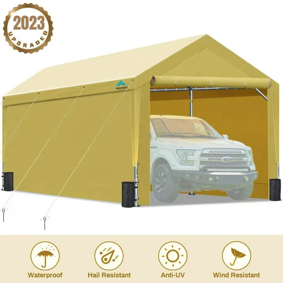 ADVANCE OUTDOOR Upgraded 10'x20' Heavy Duty Steel Carport with Adjustable Height from 9.5 to 11 ft, Car Canopy Garage Party Tent Storage Shed Boat Shelter Portable with Sidewalls and Doors, Beige