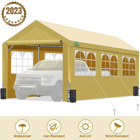 ADVANCE OUTDOOR Upgraded 10'x20' Heavy Duty Steel Carport with Adjustable Height from 9.5 to 11 ft with Window Sidewalls and Doors, Beige