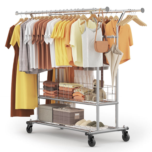 HOKEEPER 625lbs Heavy Duty Double Clothing Garment Rack with Shelves and Basket Clothing Racks on Wheels Rolling Clothes Rack for Hanging Clothes