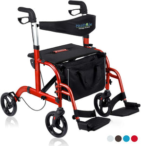 Health Line 2-in-1 Aluminum Rollator Transport Chair-Red