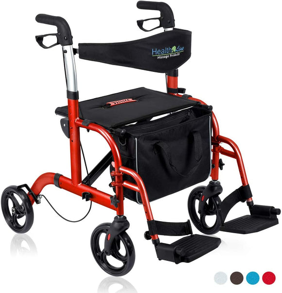Health Line 2-in-1 Aluminum Rollator Transport Chair-Red