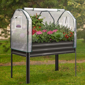 KING BIRD 47"×24"×56" Raised Garden Bed with Greenhouse, Legs Galvanized Steel Metal Elevated Garden Planter Box for Outdoor Gardening Dark Grey