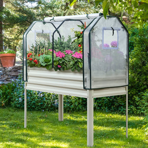 KING BIRD 47"×24"×56" Raised Garden Bed with Greenhouse, Legs Galvanized Steel Metal Elevated Garden Planter Box for Outdoor Gardening White