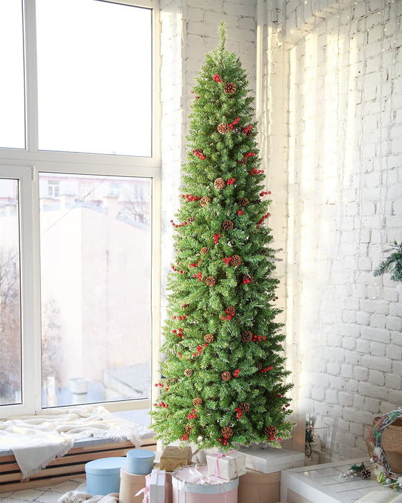 LIFEFAIR 6.5FT Prelit Slim Christmas Tree Pine Tree Decorated with 250 Clear Lights, Pine Cone and Red Berries for Festive Holiday Decor