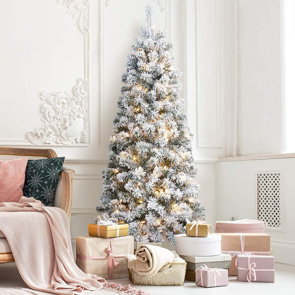OasisCraft 4.5Ft Snow Flocked Artificial Pencil Christmas Tree, Hinged Snowy Slim Xmas Tree Outdoor for Festive Holiday Decoration