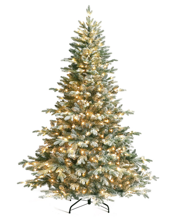 OasisCraft 6.5 Foot Pre-lit Flocked Aspen Fir Artificial Christmas Tree, PE & PVC 813 Branch Tips Full Prelighted Xmas Tree with 350 Clear Lights