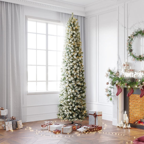 OasisCraft 7.5 Foot Prelit Snow Flocked Artificial Pencil Christmas Tree with 350 Clear Lights, Hinged Snowy Slim Xmas Tree Outdoor for Festive Holiday Decor