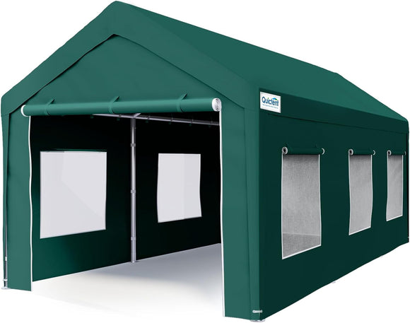 Quictent 10'x20' Carport with Roll-up Ventilated Windows, Heavy Duty Anti-Snow Car Canopy with 4 Reinforced Steel Cables, Green