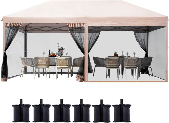 Quictent 10x20 Pop up Canopy Tent with Mosquito Netting Sreen House Room Tent Screened, 6 Sand Bags and Roller Bag Included (Tan)