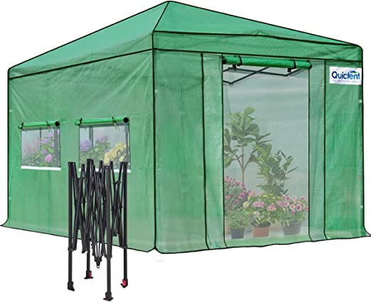 Quictent 12x8 FT Portable Walk-in Greenhouse Instant Green House for Outdoors, Pop-up Easy Fast Setup Frame Indoor Garden Canopy, 2 Front Screen Door & 4 Large Screen Window with Support Pole, Green