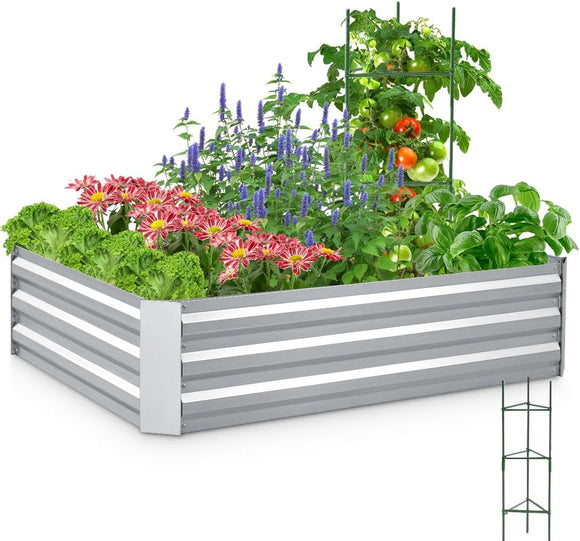 Quictent 4x3x1 ft Raised Garden Bed Galvanized Metal Planter Box for Vegetables Bottomless for Backyard, Include Tomato Cage 1 pc Weed Barrier Silver