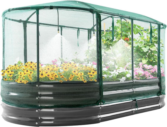 Quictent 6x3x1Ft Galvanized Raised Garden Bed Kit with Self Watering System and Mesh Cover, Large Oval Metal Outdoor Planter Garden Boxes for Vegetables Herbs Flowers, Include Rubber Strip Edging