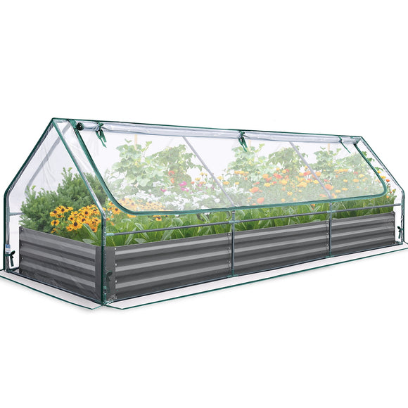 Quictent 8x4x1 ft Raised Garden Bed with Greenhouse Cover Galvanized Steel Raised Beds for Vegetables Metal Planter Box Outdoor Gardening Clear