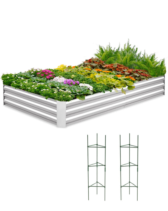 Quictent 8x4x1ft Heavy Duty Raised Garden Bed Galvanized Steel Metal Planter Box with 2 Tomato Cages for Outdoor Gardening Silver