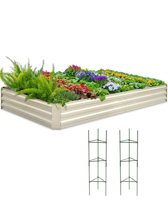 Quictent 8x4x1ft Heavy Duty Raised Garden Bed Galvanized Steel Metal Planter Box with 2 Tomato Cages for Outdoor Gardening White