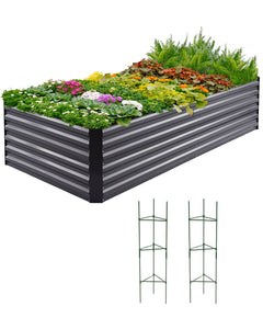Quictent 8x4x2ft Heavy Duty Raised Garden Bed Galvanized Steel Metal Deep Planter Box with 2 Tomato Cages for Outdoor Gardening Dark Grey