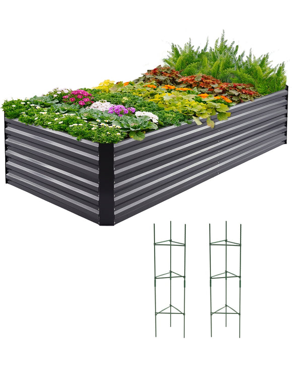 Quictent 8x4x2ft Heavy Duty Raised Garden Bed Galvanized Steel Metal Deep Planter Box with 2 Tomato Cages for Outdoor Gardening Dark Grey
