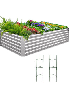 Quictent 8x4x2ft Heavy Duty Raised Garden Bed Galvanized Steel Metal Deep Planter Box with 2 Tomato Cages for Outdoor Gardening Silver